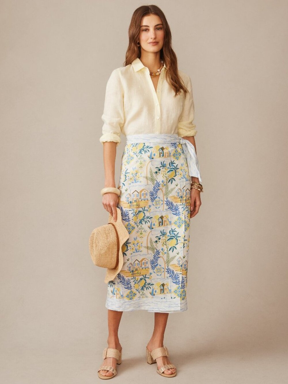 J McLaughlin Ardis Linen Blend Skirt in Amalfi Coast - Off White/Blue/Yellow NEW